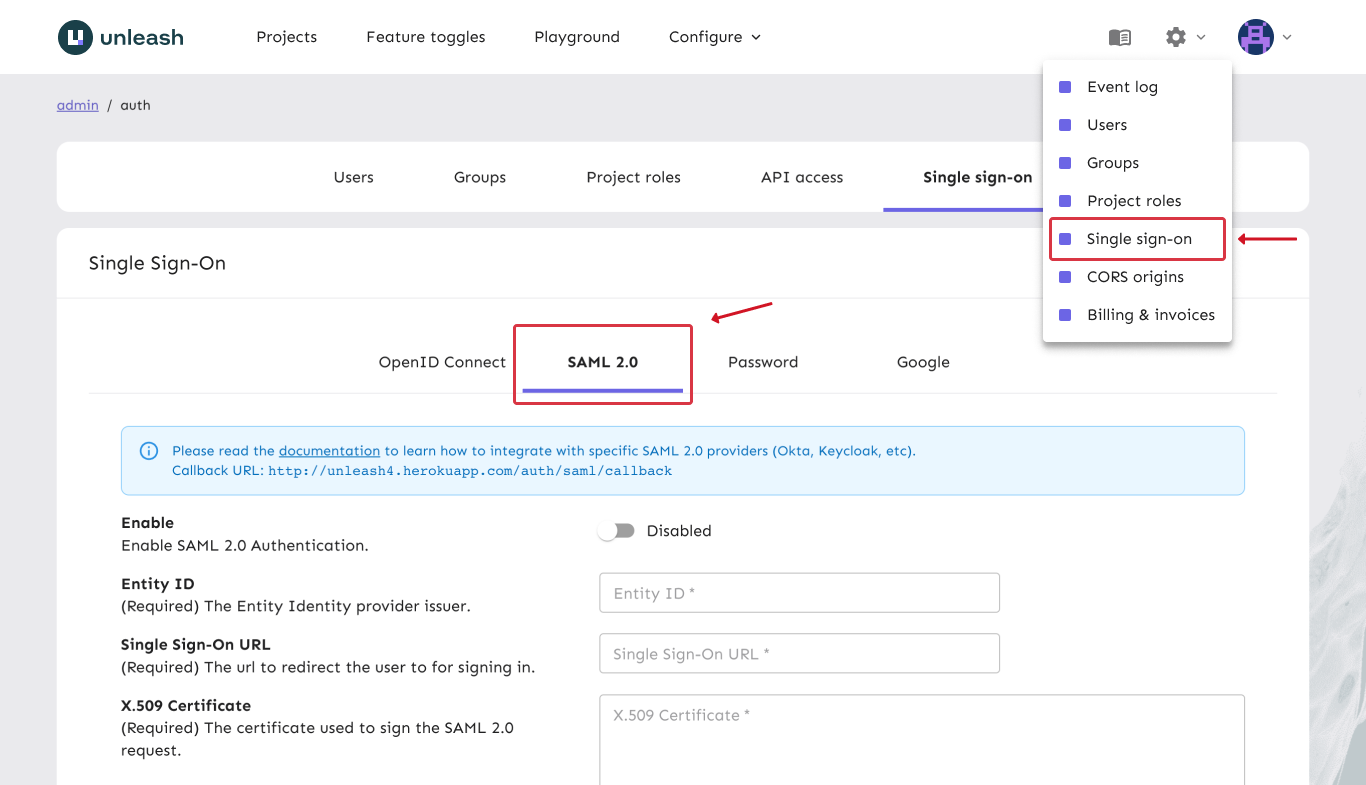 Unleash: sso-config screen